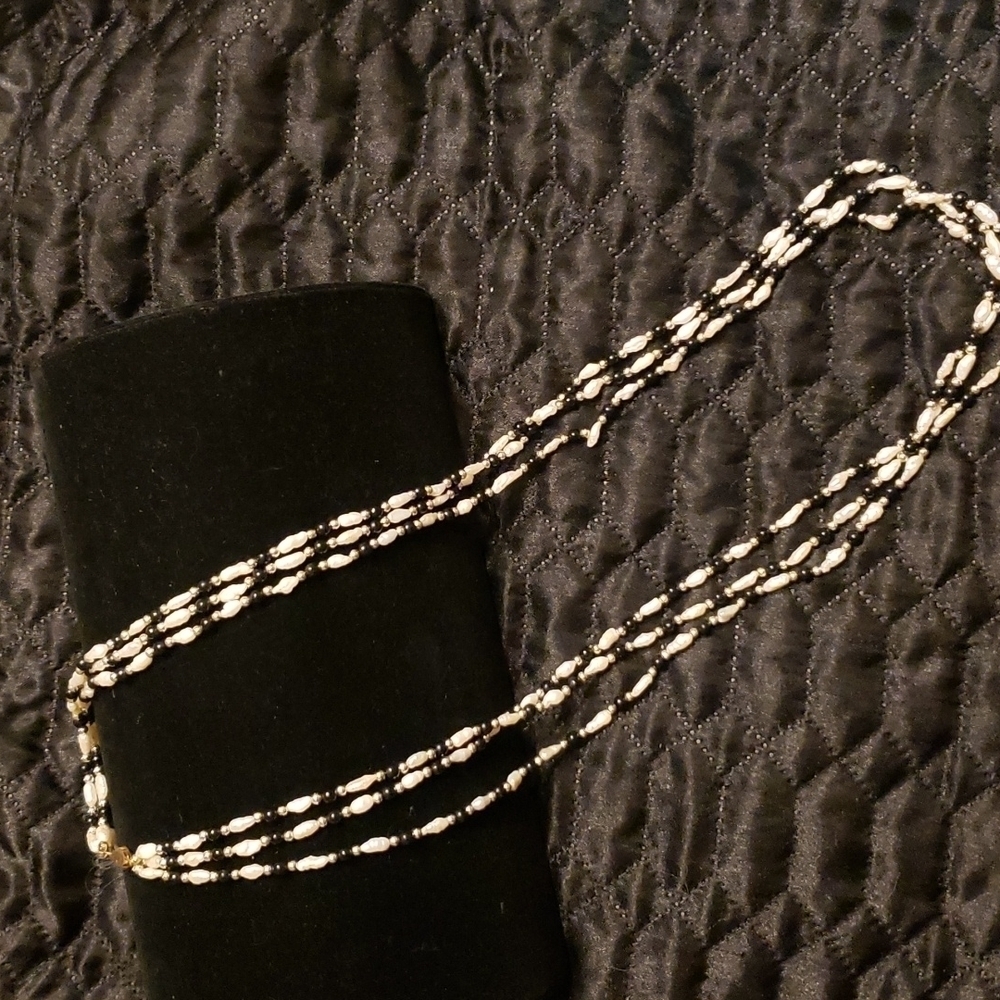 Freshwater sead pearls, black glass, and gold beads 30 inch necklace